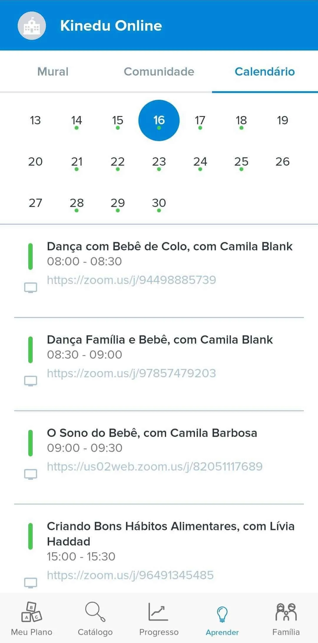 calendário de aulas do kinedu aprender